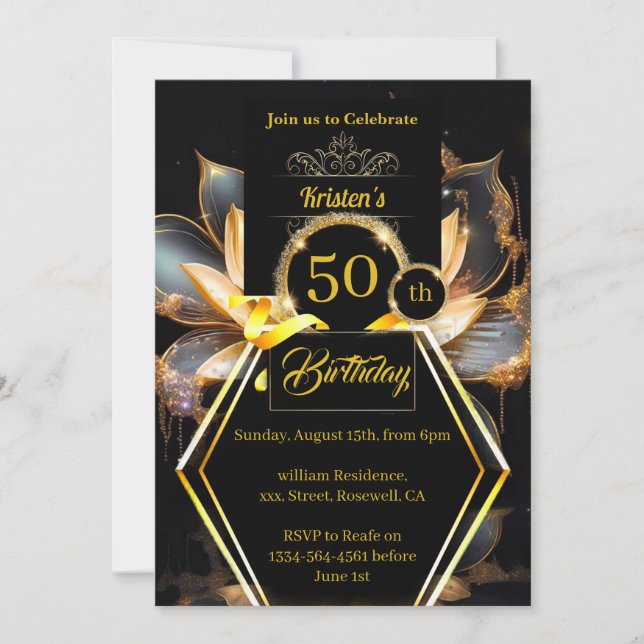 Invitation pour les 50 ans, noir et or (Devant)