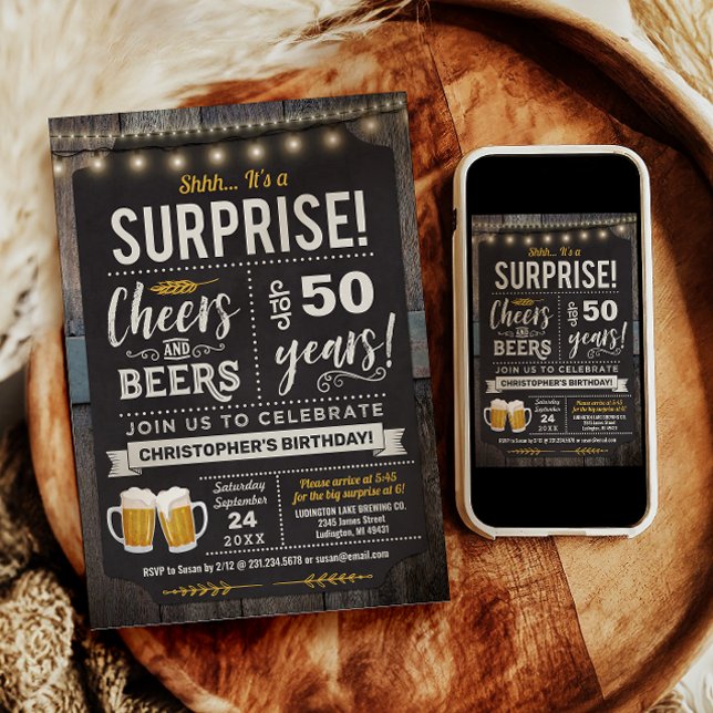 Invitation pour les 50 ans Surprise Cheers and Bee (Surprise Cheers and Beers 50th Birthday Invitation)