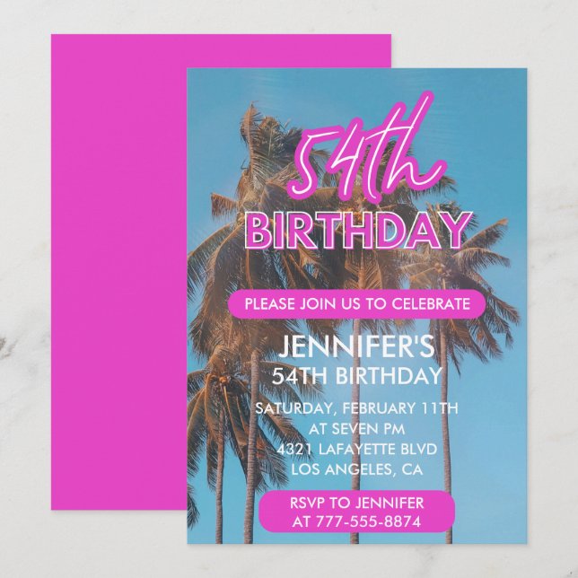 Invitation pour les 54 ans Été Rose Palmier (Devant / Derrière)