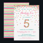 Invitation pour les 5 ans des filles  fête d'anniv<br><div class="desc">Célébrez le cinquième anniversaire de votre enfant avec des confettis colorés or, rose, menthe et sarcelle sur ces cartons d'invitation pour un 5ème anniversaire ! Ils comportent les détails de la fête de votre fille et un "5" en confettis. Le titre indique "Oh Me, Oh My !" (Oh mon dieu...</div>