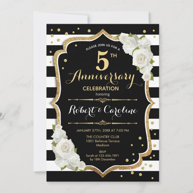 Invitation pour les 5 ans - Noir Blanc Or (Devant)