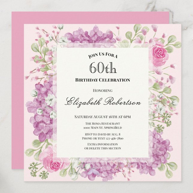Invitation pour les 60 ans avec des fleurs roses é (Créateur téléchargé)