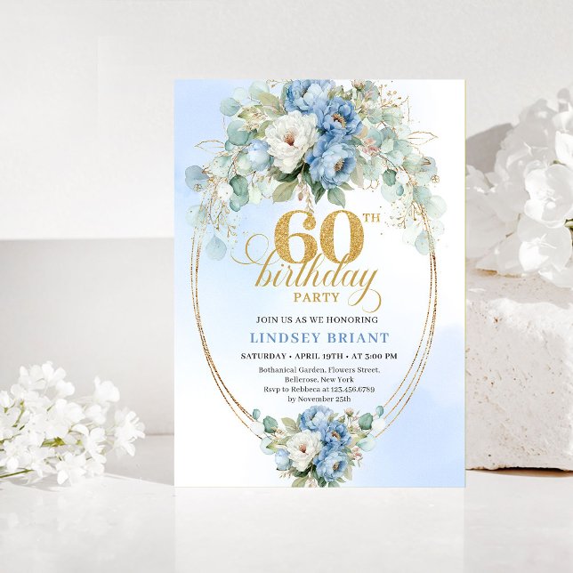 Invitation pour les 60 ans avec des pivoines bleue (Blue and Gold Peonies 60th Birthday Invitation)