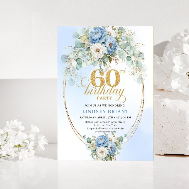 Invitation pour les 60 ans avec des pivoines bleue (Elegant Blue Peonies 60th Birthday Invitation)