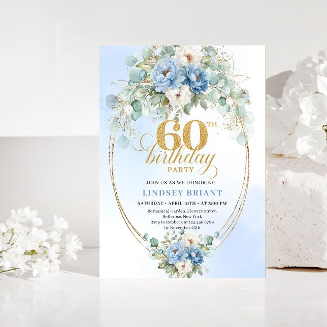 Invitation pour les 60 ans avec motif floral bleu  (Light Blue Floral Gold 60th Birthday Invitation)