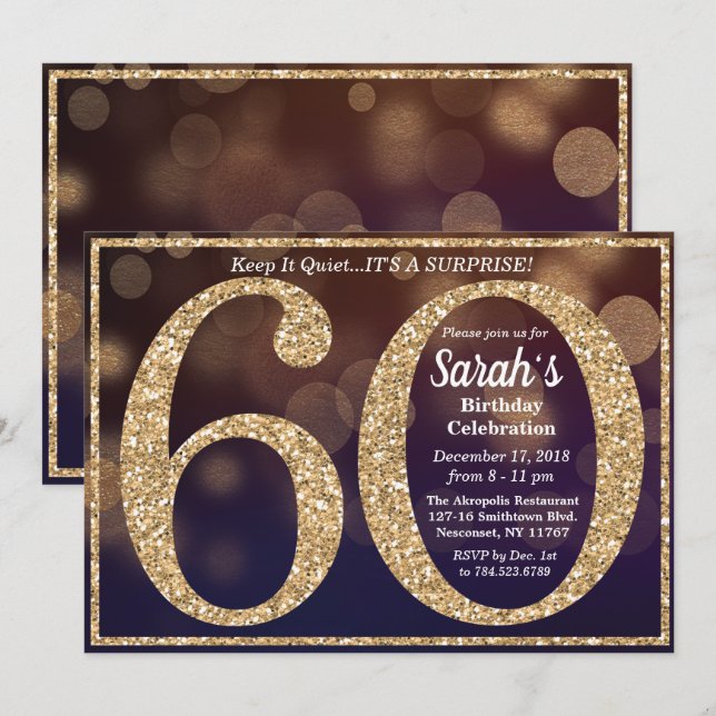 Invitation pour les 60 ans avec paillettes pour un (Devant / Derrière)