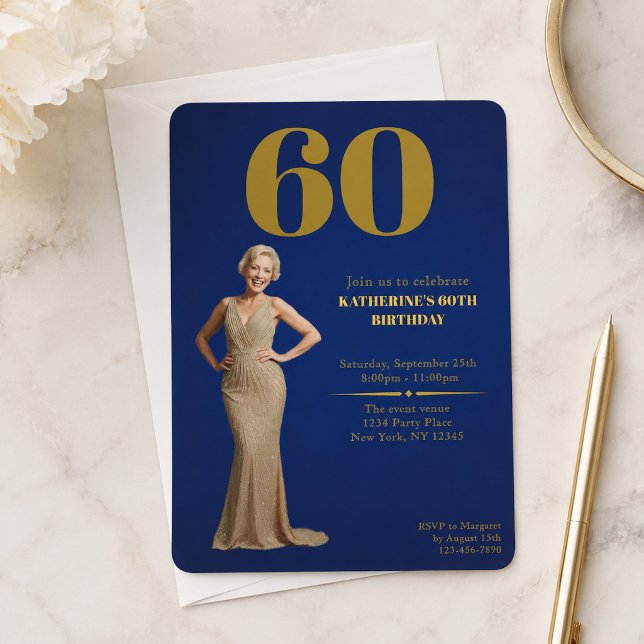 Invitation pour les 60 ans avec photo Bleu Or Soix (Créateur téléchargé)