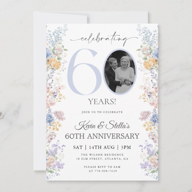 Invitation pour les 60 ans avec photo florale (Devant)