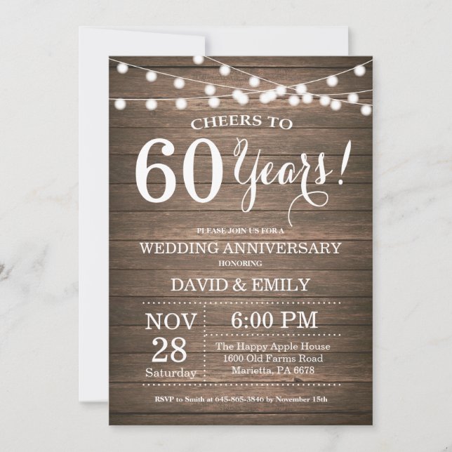 Invitation pour les 60 ans de mariage en bois rust (Devant)