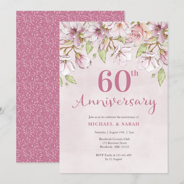 Invitation pour les 60 ans de mariage Fleurs roses (Devant / Derrière)
