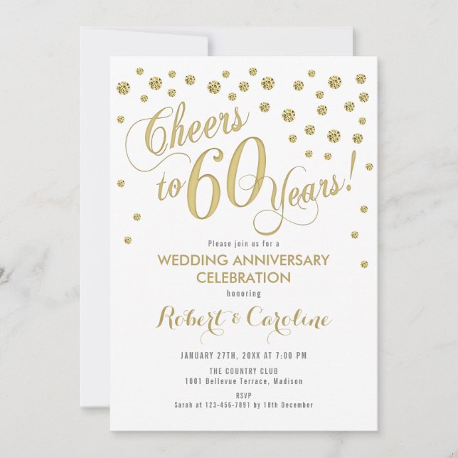 Invitation pour les 60 ans de mariage - Or et blan (Devant)