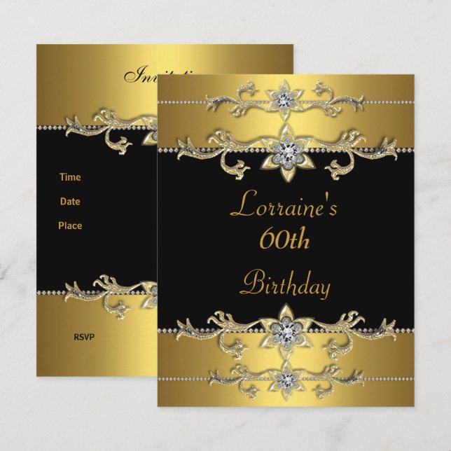 Invitation pour les 60 ans Élégant Noir Or (Devant / Derrière)