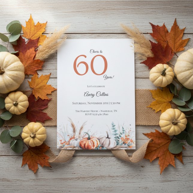 Invitation pour les 60 ans Fleurs de citrouille Au (Pumpkin floral fall watercolor 60th birthday invitation design)