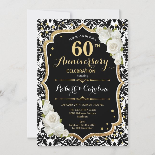 Invitation pour les 60 ans - Noir Blanc Or (Devant)