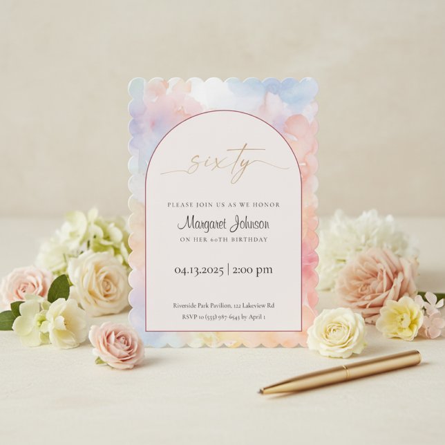 Invitation pour les 60 ans | Pastel Aquarelle Or (Elegant pastel watercolor 60th birthday invitation with gold script text and floral background)