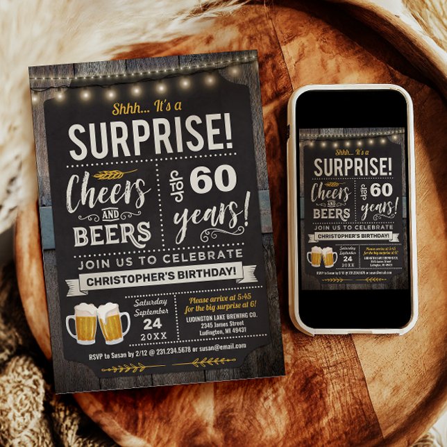 Invitation pour les 60 ans Surprise Cheers and Bee (Surprise Cheers and Beers 60th Birthday Invitation)