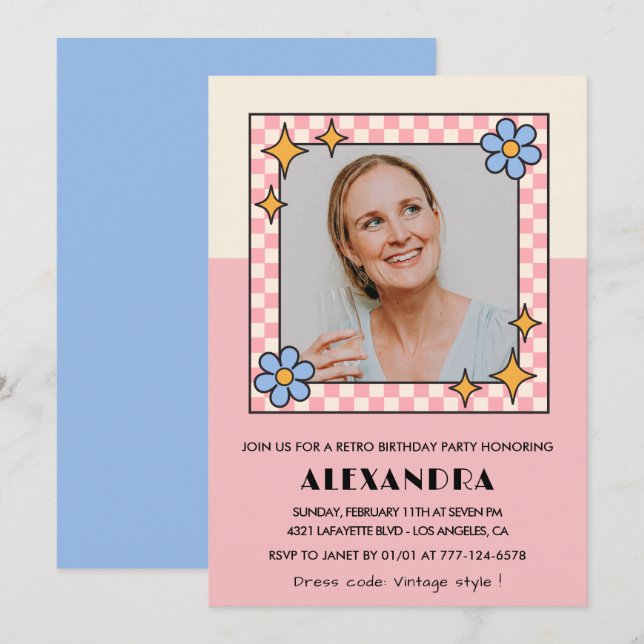 Invitation pour les 65 ans Fleurs roses rétro funk (Devant / Derrière)