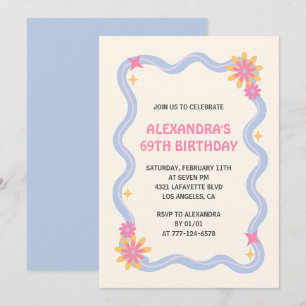 Invitation pour les 69 ans Fleurs bleues rétro gro