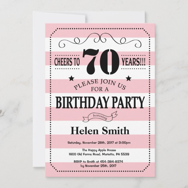Invitation pour les 70 ans avec rayures roses et b (Devant)