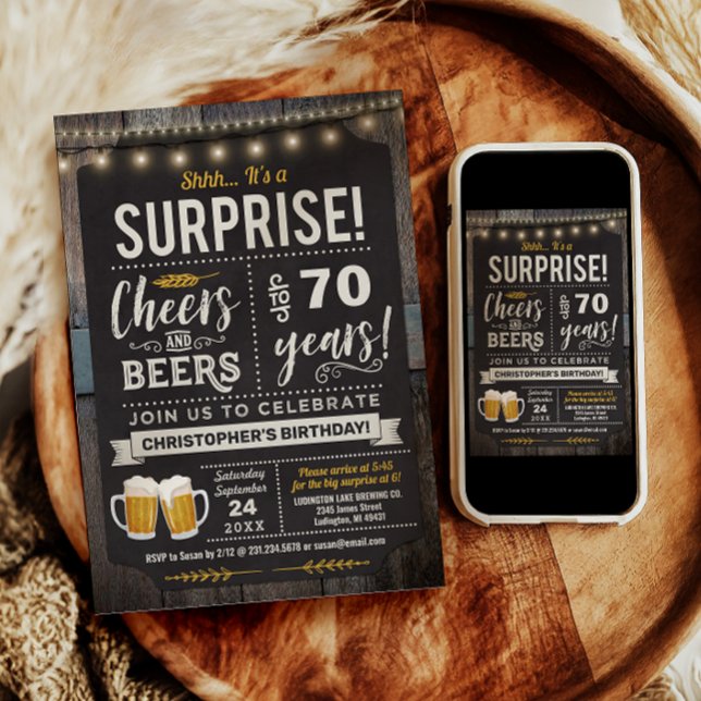 Invitation pour les 70 ans avec Surprise Cheers an (Surprise Cheers and Beers 70th Birthday Invitation
)