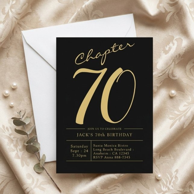 Invitation pour les 70 ans de votre mari, fête noi (70th birthday black and gold invitation. Light cloth background.)