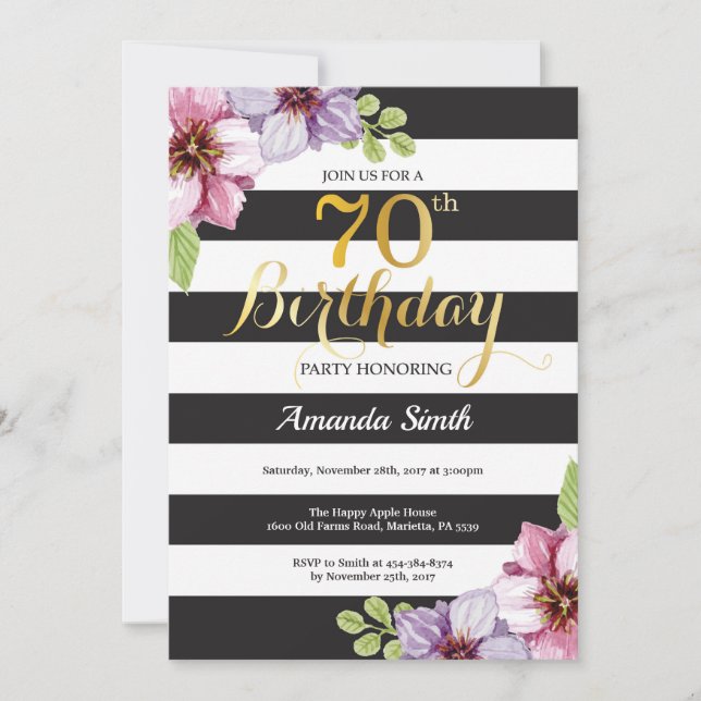 Invitation pour les 70 ans des femmes. Floral Or N (Devant)