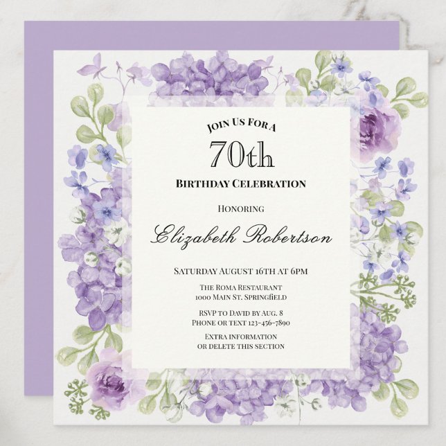 Invitation pour les 70 ans Élégantes Fleurs Violet (Créateur téléchargé)