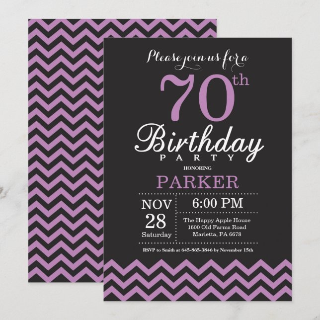 Invitation pour les 70 ans noir et violet (Devant / Derrière)