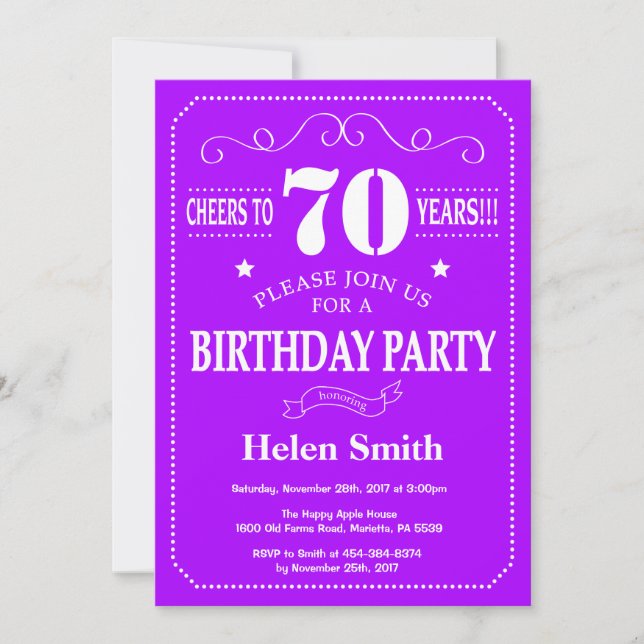 Invitation pour les 70 ans Violet et Blanc (Devant)