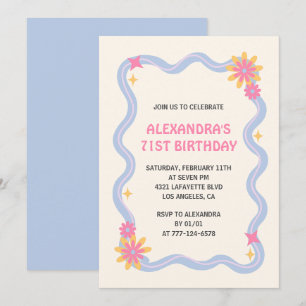 Invitation pour les 71 ans Fleurs bleues rétro gro