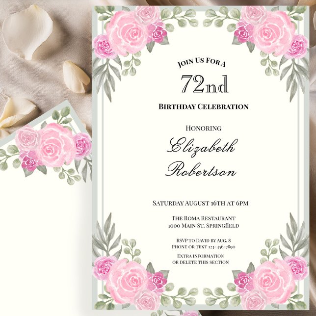 Invitation pour les 72 ans avec des fleurs roses e (Créateur téléchargé)