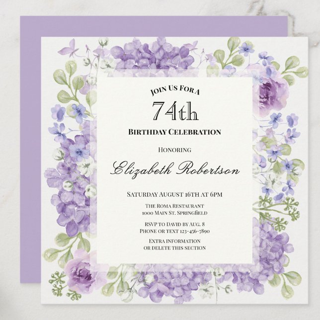 Invitation pour les 74 ans Élégantes Fleurs Violet (Créateur téléchargé)