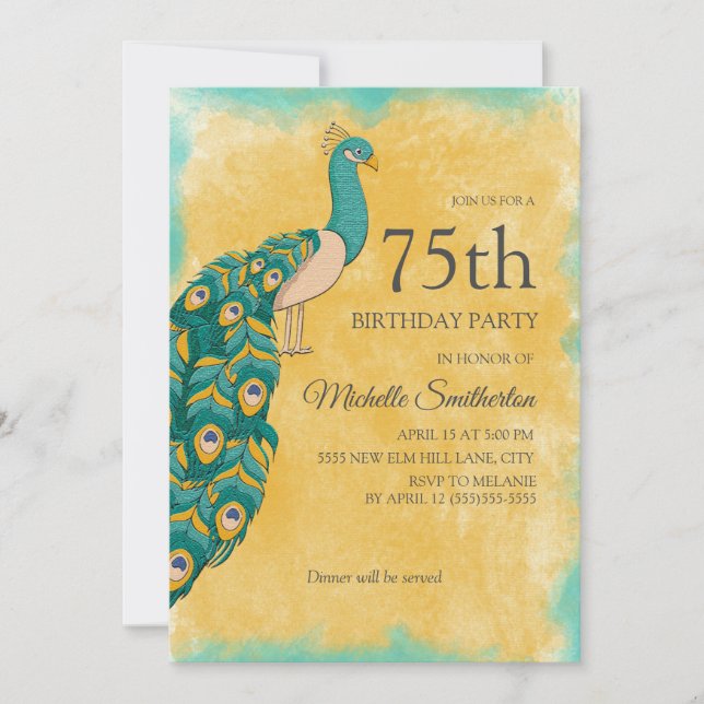Invitation pour les 75 ans avec un paon aquarelle  (Devant)