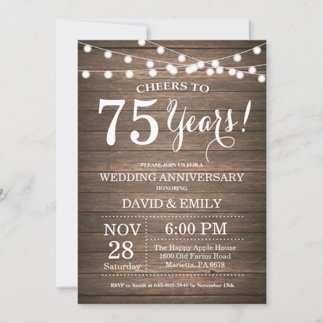 Invitation pour les 75 ans de mariage en bois rust (Devant)
