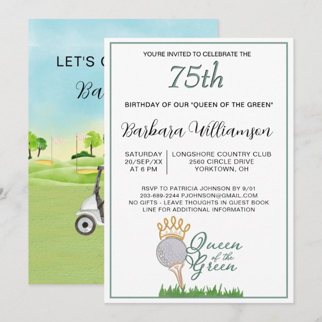 Invitation pour les 75 ans d'une golfeuse (Devant / Derrière)