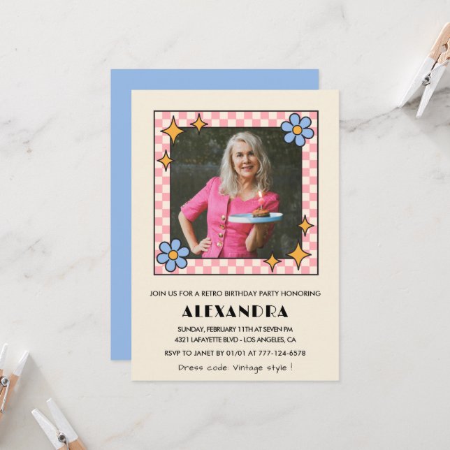 Invitation pour les 75 ans Fleurs Bleues Rétro Gro (Devant/Arrière en situation)