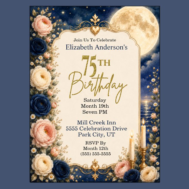 Invitation pour les 75 ans sous la lumière de la l (Pretty Moonlit Water Peony Floral 75th Birthday Invitation For Women.)