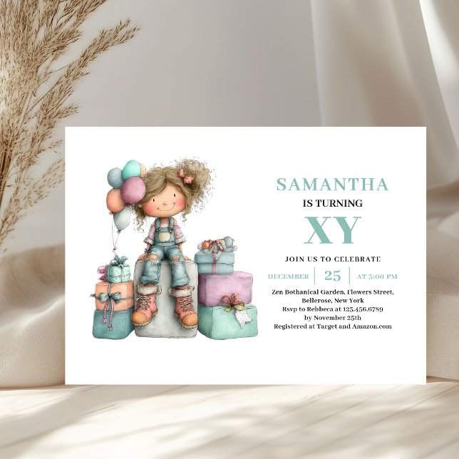 Invitation pour les 7 ans d'une jolie fille, fanta (Cute Girl 7th Birthday Purple Green Whimsy invitation)