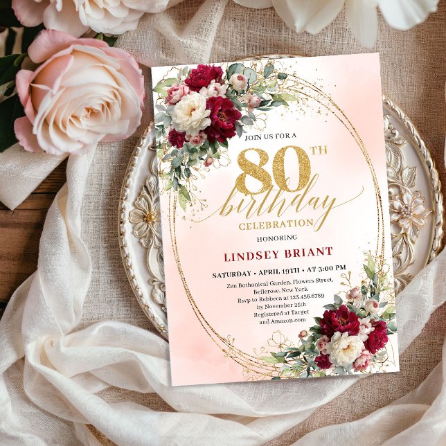Invitation pour les 80 ans avec fleurs de Boho Bur (Boho Burgundy Blush Floral 80th Birthday Invitation)