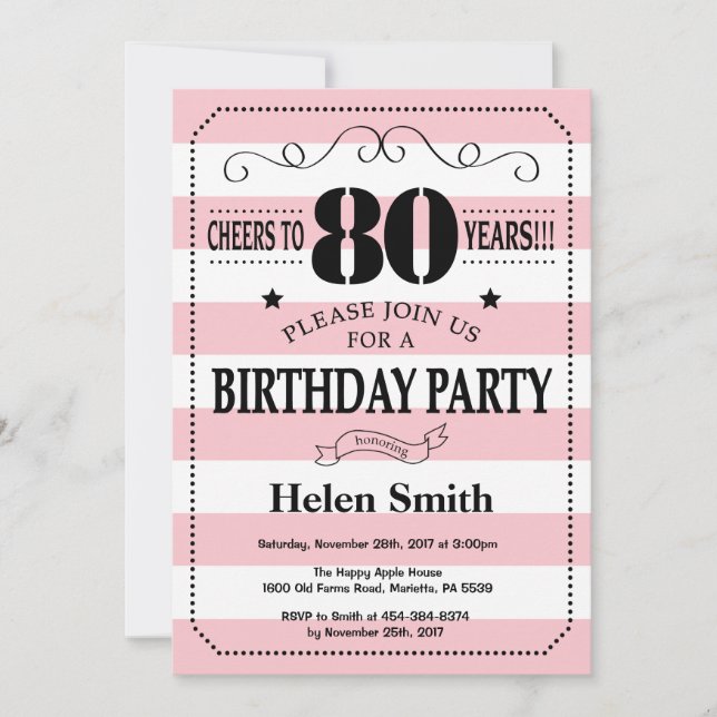 Invitation pour les 80 ans avec rayures roses et b (Devant)