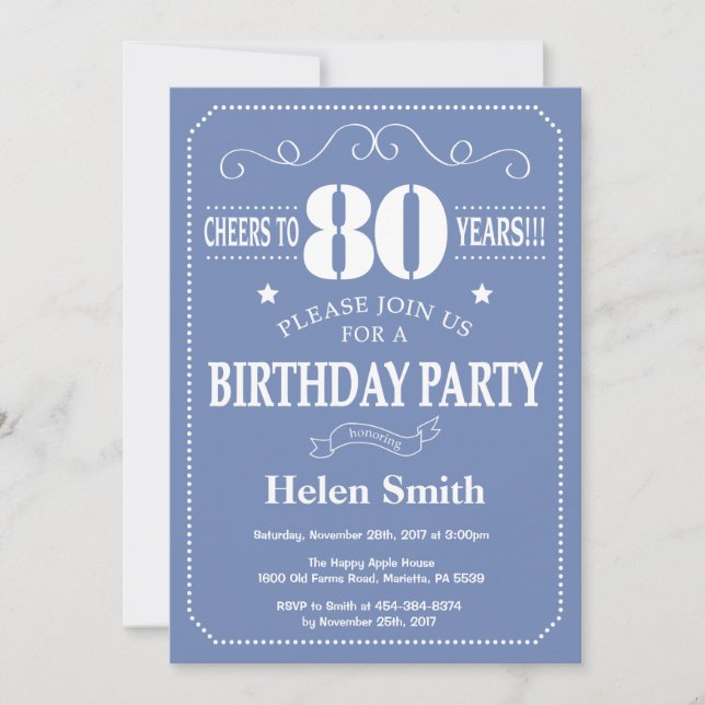 Invitation pour les 80 ans Bleu et Blanc (Devant)