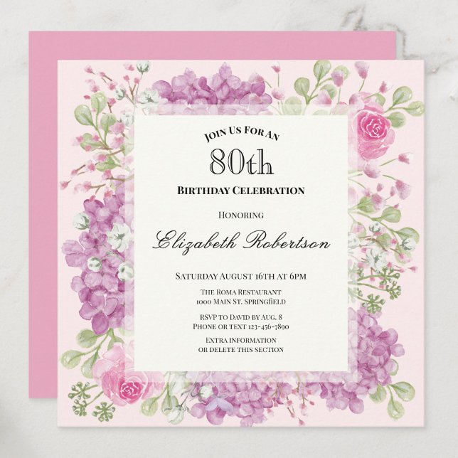 Invitation pour les 80 ans Élégantes Fleurs Roses (Créateur téléchargé)