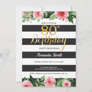 Invitation pour les 80 ans. Floral Or Noir