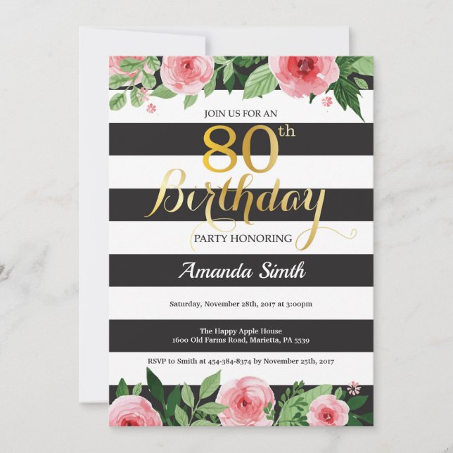 Invitation pour les 80 ans. Floral Or Noir (Devant)