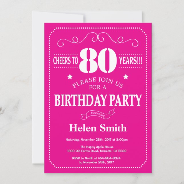 Invitation pour les 80 ans Rose Chaud et Blanc (Devant)