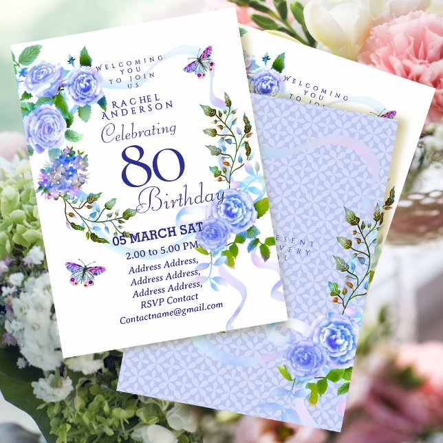 Invitation pour les 80 ans Ruban Rose Bleue (Blue Rose Ribbon 80th Birthday Invitation.)