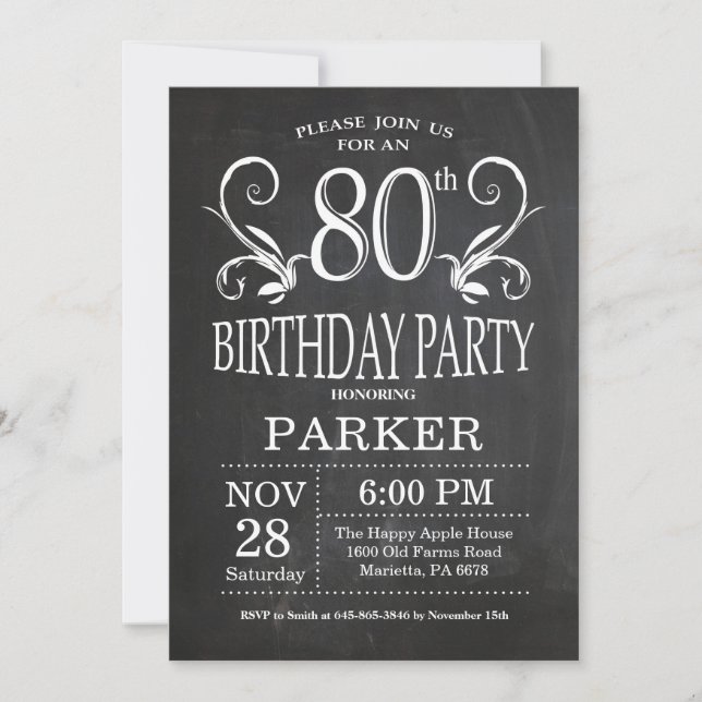 Invitation pour les 80 ans sur tableau noir floral (Devant)