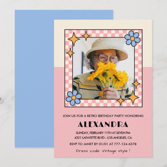 Invitation pour les 85 ans Fleurs roses rétro Groo (Devant / Derrière)