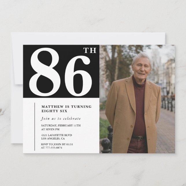 Invitation pour les 86 ans avec photo en noir et b (Devant)