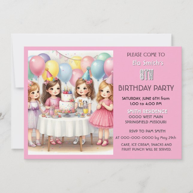 Invitation pour les 8 ans des filles avec ballons  (Devant)